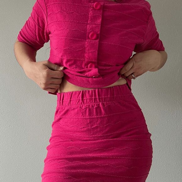 vtg 80s hot pink knit two piece fitted skirt set short sleeve top retro small - Picture 5 of 7